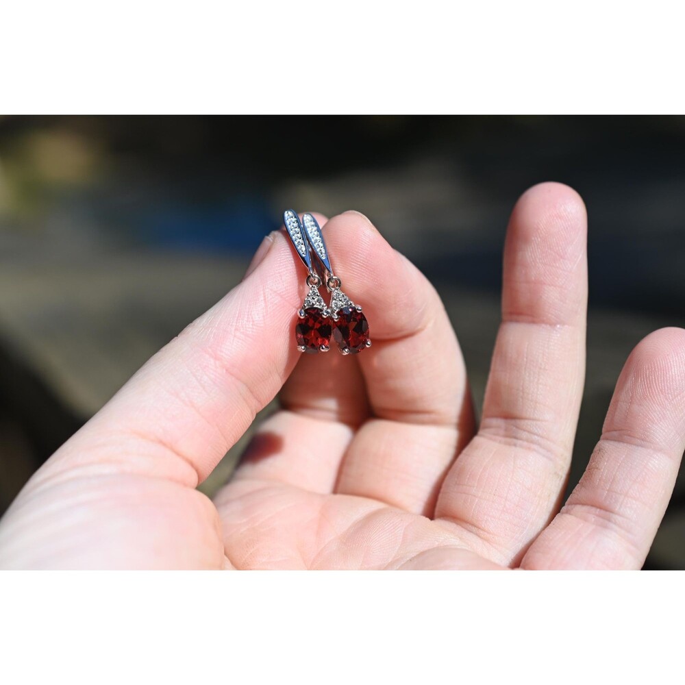 Sterling Silver Garnet Earrings White Topaz Accents January Birthstone Dangle Dr